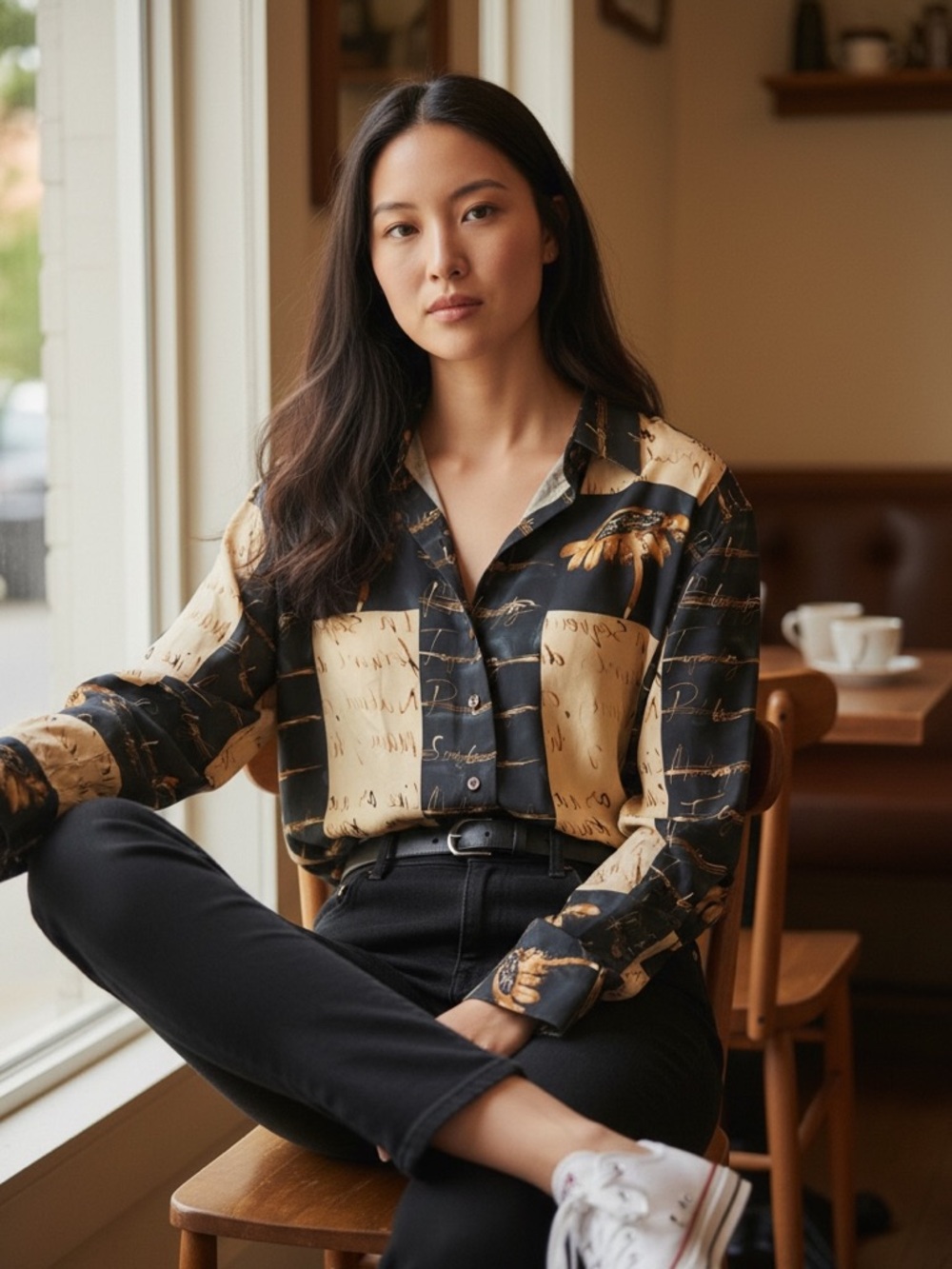 Equipment silk script palm print button down blouse black beige sm